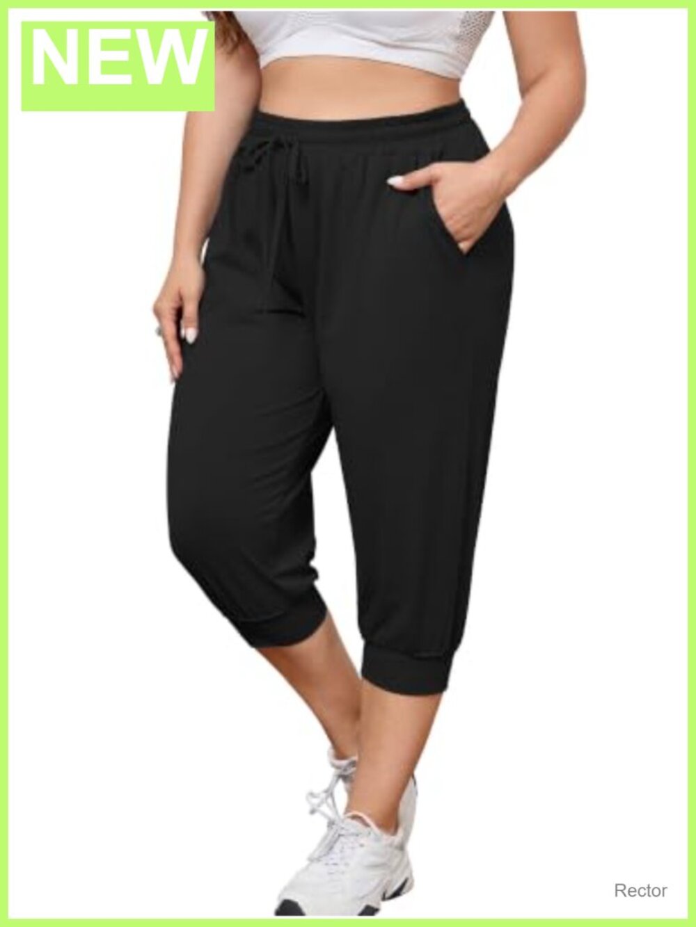 Plus Size Capri Pants with Pockets, High Waist Drawstring Stretch Cropped